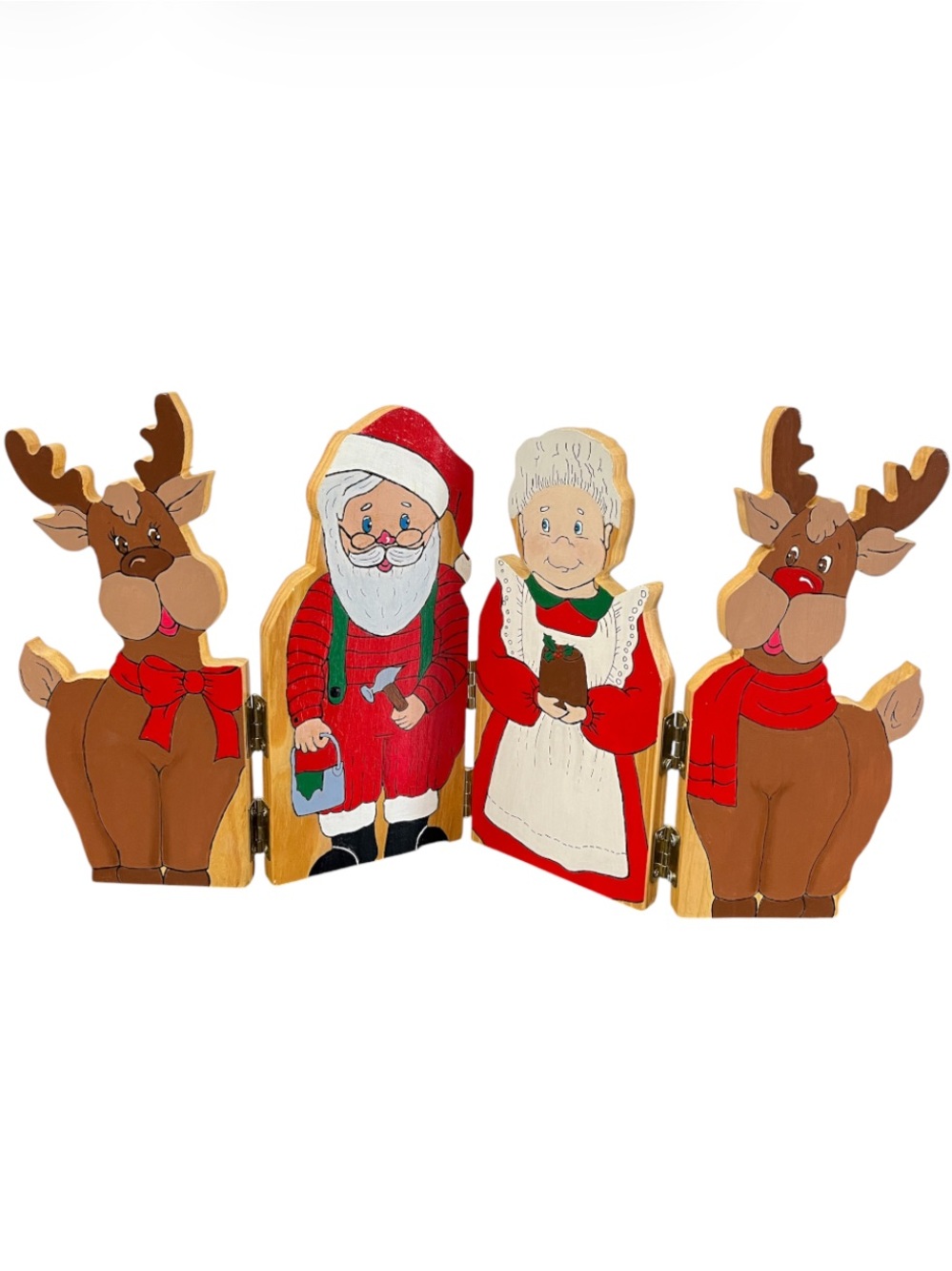 Vintage Hand Painted Wooden Mr & Mrs Claus Reindeer Folding Xmas Decor